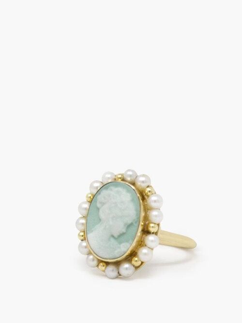 18KGOS Little Lovelies Green Cameo Pearl Ring