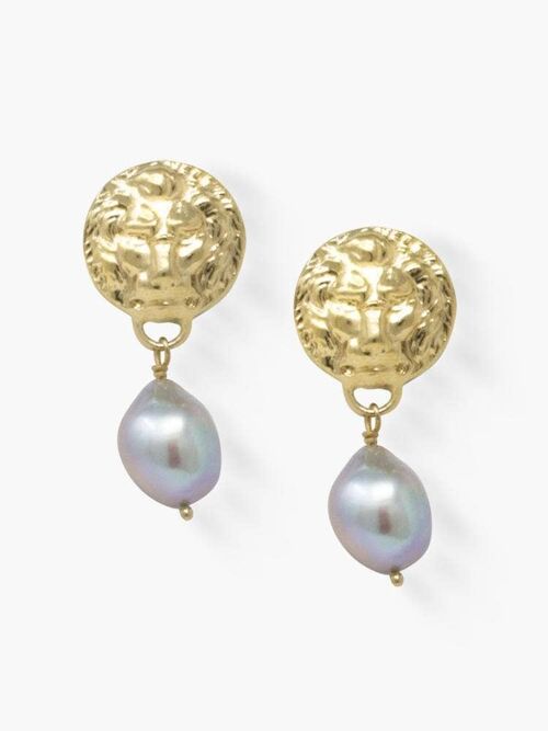 18KGOS The Lion Grey Pearl Drop Earrings