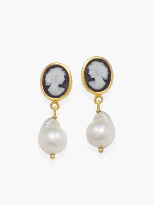 18K Gold plated Pearl & Black Cameo Earrings