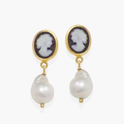 18K Gold plated Pearl & Black Cameo Earrings