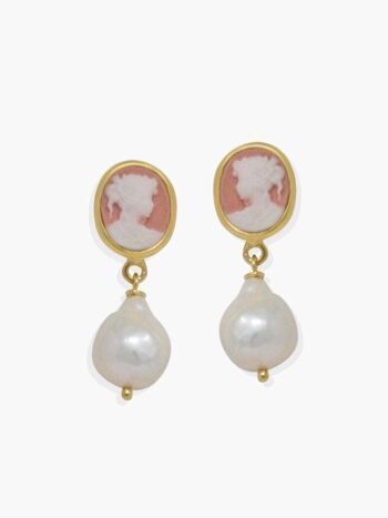 Boucles d'Oreilles Perles & Camée Rose Plaqué Or 18K 1