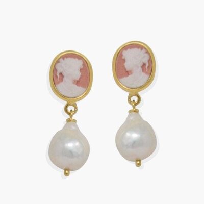 Ohrringe mit 18 Karat vergoldeter Perle und rosa Kamee