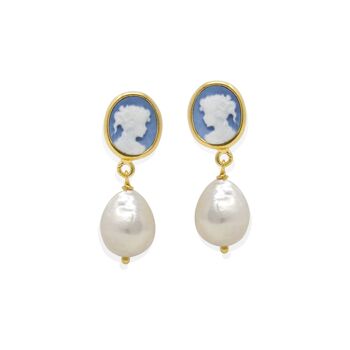 Boucles d'Oreilles Perles Plaqué Or 18K & Camée Bleu Ciel 1