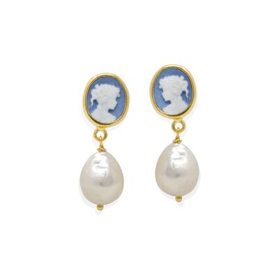 Perle placcate oro 18 carati e orecchini cammeo azzurri