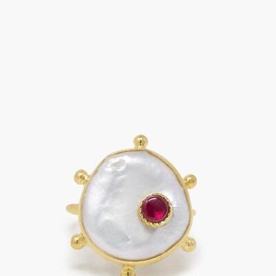 18K Gold plated Silver Keshi Pearl Ring with 0.25 cts Ruby