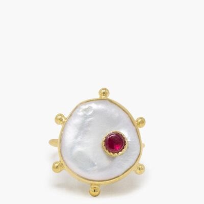 18K Gold plated Silver Keshi Pearl Ring with 0.25 cts Ruby