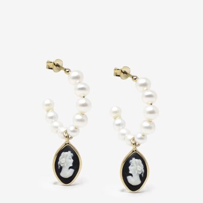 April Gold-plated Pearl And Black Cameo Hoop Earrings