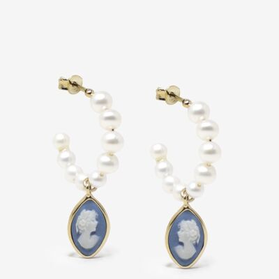 April Gold-plated Pearl And Sky Blue Cameo Hoop Earrings