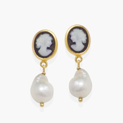 Black Mini Cameo & Pearl Earrings