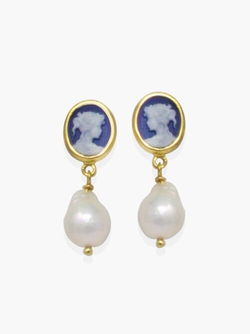 Blue Mini Cameo & Pearl Earrings