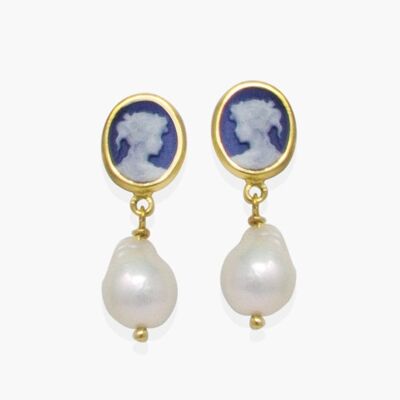 Mini cammeo blu e orecchini di perle