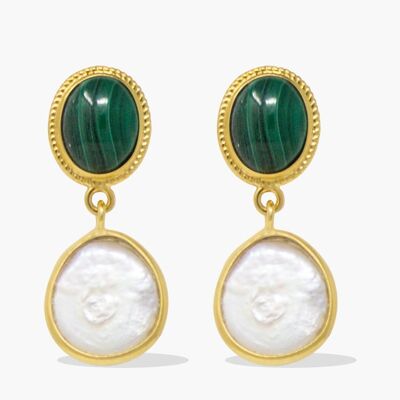 Gold-plated Malachite & Pearl Earrings