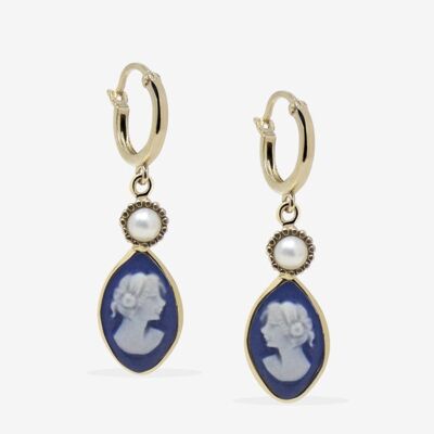 Boucles d'oreilles créoles camées bleues en plaqué or Isabella
