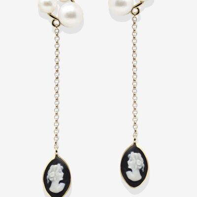 Lilith Gold-plated Black Cameo And Pearl Drop Earrings