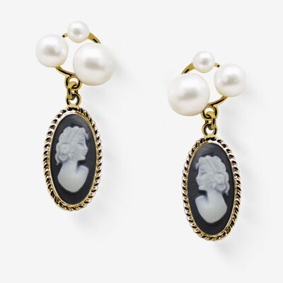 Lilith Gold-plated Black Cameo And Pearl Stud Earrings