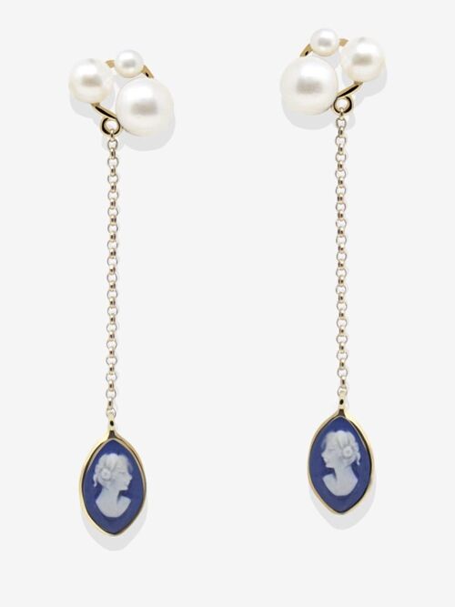 Lilith Gold-plated Blue Cameo And Pearl Drop Earrings