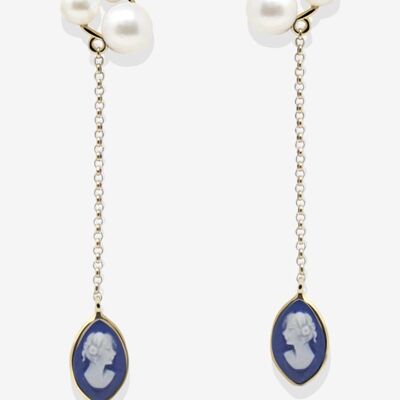 Lilith Gold-plated Blue Cameo And Pearl Drop Earrings