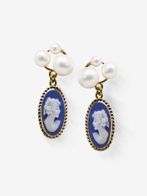 Lilith Gold-plated Blue Cameo And Pearl Stud Earrings