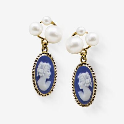 Pendientes de botón Lilith con camafeo azul y perla chapados en oro