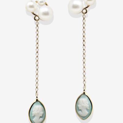 Lilith Gold-plated Green Cameo And Pearl Drop Earrings