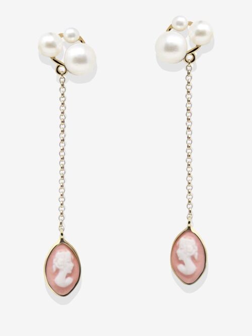 Lilith Gold-plated Pink Cameo And Pearl Drop Earrings