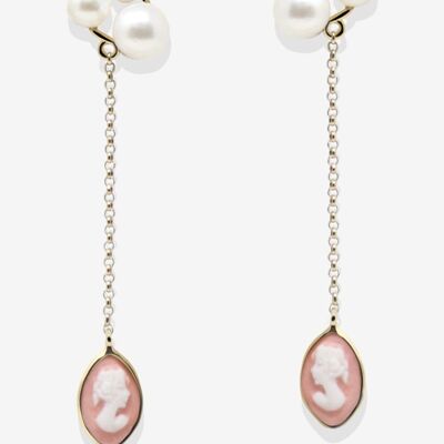 Lilith Gold-plated Pink Cameo And Pearl Drop Earrings