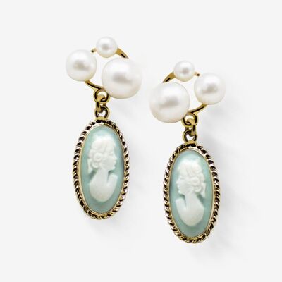 Lilith Gold-plated Green Cameo And Pearl Stud Earrings