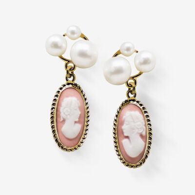 Boucles D'oreilles Tiges En Plaqué Or Avec Camée Rose Et Perle Lilith