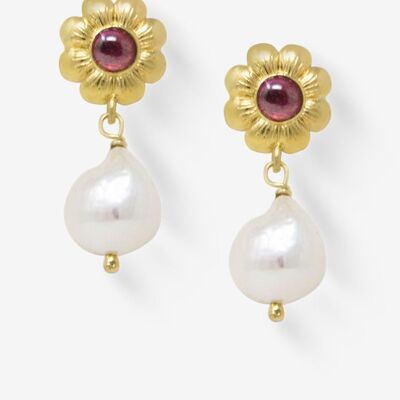 Mini Flower Gold-plated Rhodolite Earrings