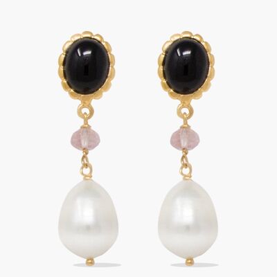 Onyx, Pink Quartz & Pearl Drop Earrings