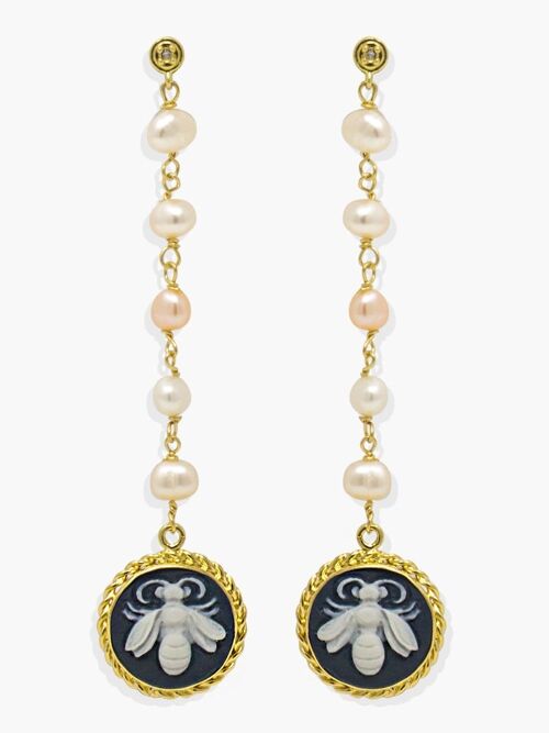 Queen Bee Cameo & Pearl Dangle Earrings