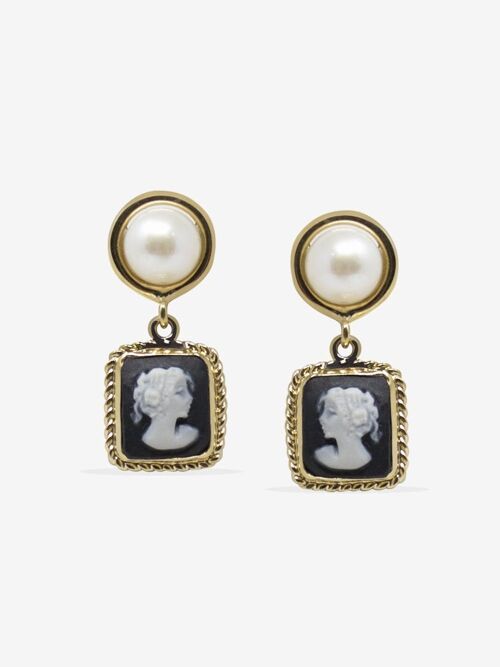 The Beloved Gold-plated Black Cameo And Pearl Earrings