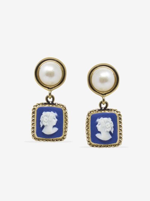 The Beloved Gold-plated Blue Cameo And Pearl Earrings