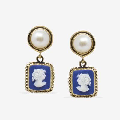 The Beloved Gold-plated Blue Cameo And Pearl Earrings