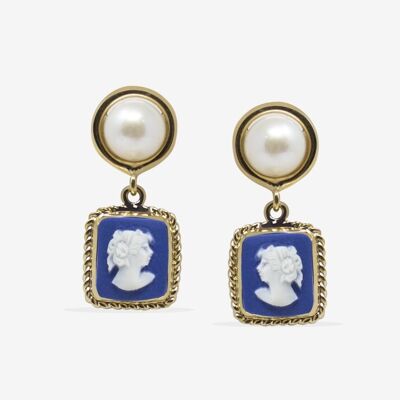 Pendientes de perlas y camafeo azul chapados en oro The Beloved
