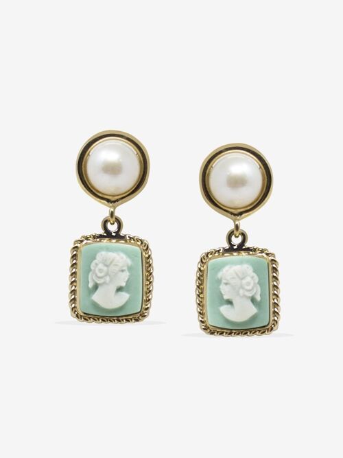 The Beloved Gold-plated Green Cameo And Pearl Earrings