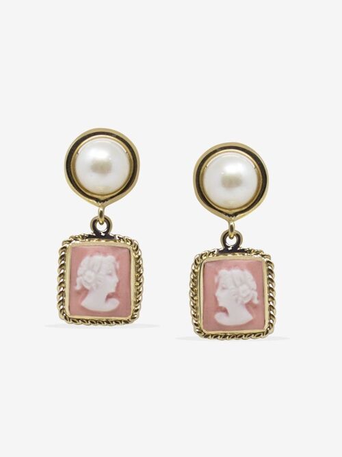 The Beloved Gold-plated Pink Cameo And Pearl Earrings