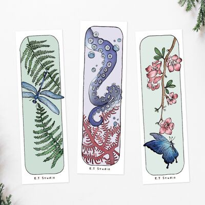 Set of 3 bookmarks - Watercolor - Flowers & Nature - Book accessories - Colorful illustration
