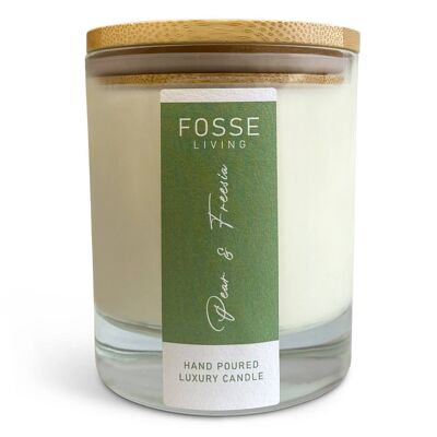 Bougie poire et freesia très parfumée et longue durée dans un bocal en verre : cire naturelle de noix de coco et de soja