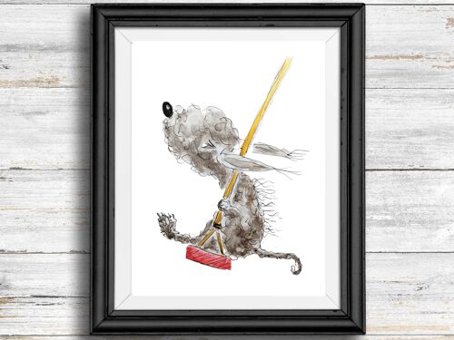 Whimsical, quirky dog art print -dog on a swing , A4