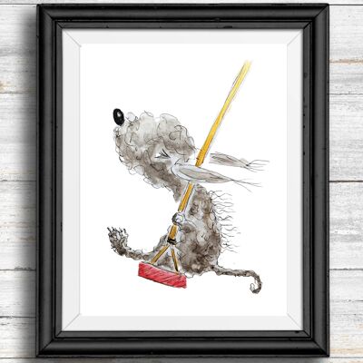 Whimsical, quirky dog art print -dog on a swing , A4