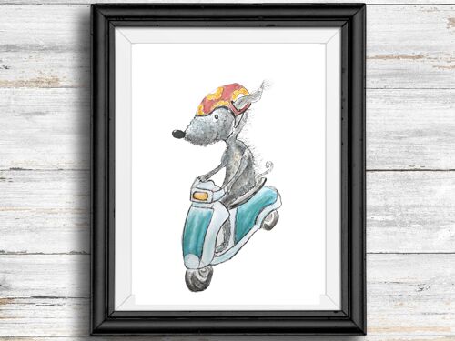 Whimsical, quirky dog art print - dog riding a moped , A4