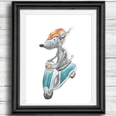 Skurriler, schrulliger Hunde-Kunstdruck – Hund, der ein Moped reitet, A4