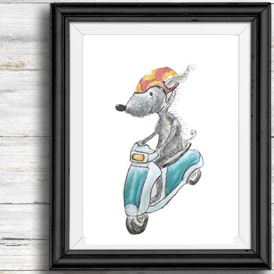 Whimsical, quirky dog art print - dog riding a moped , A4