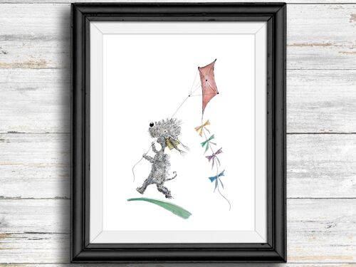 Whimsical, quirky dog art print - dog flying a kite , A4