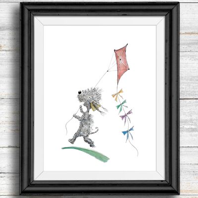 Whimsical, quirky dog art print - dog flying a kite , A4