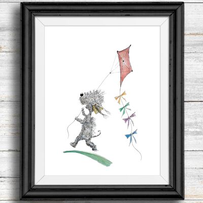 Whimsical, quirky dog art print - dog flying a kite , A5