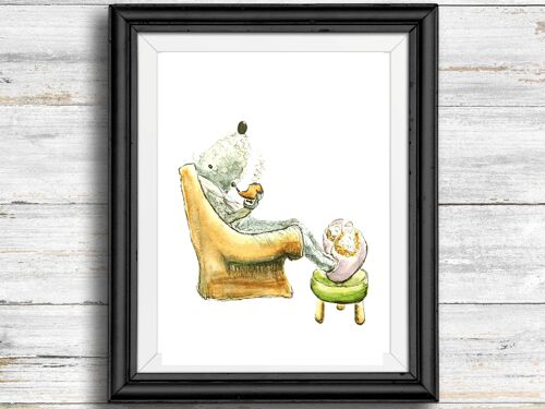 Whimsical, quirky dog art print - dog smoking a pipe in armchair , A4