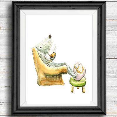 Whimsical, quirky dog art print - dog smoking a pipe in armchair , A4