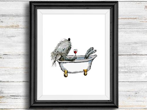 Whimsical, quirky dog art print - dog in bath drinking wine , A4